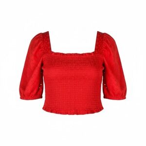 Women's Loft Smocked Eyelet Puff Sleeve Top Red Size Extra Large